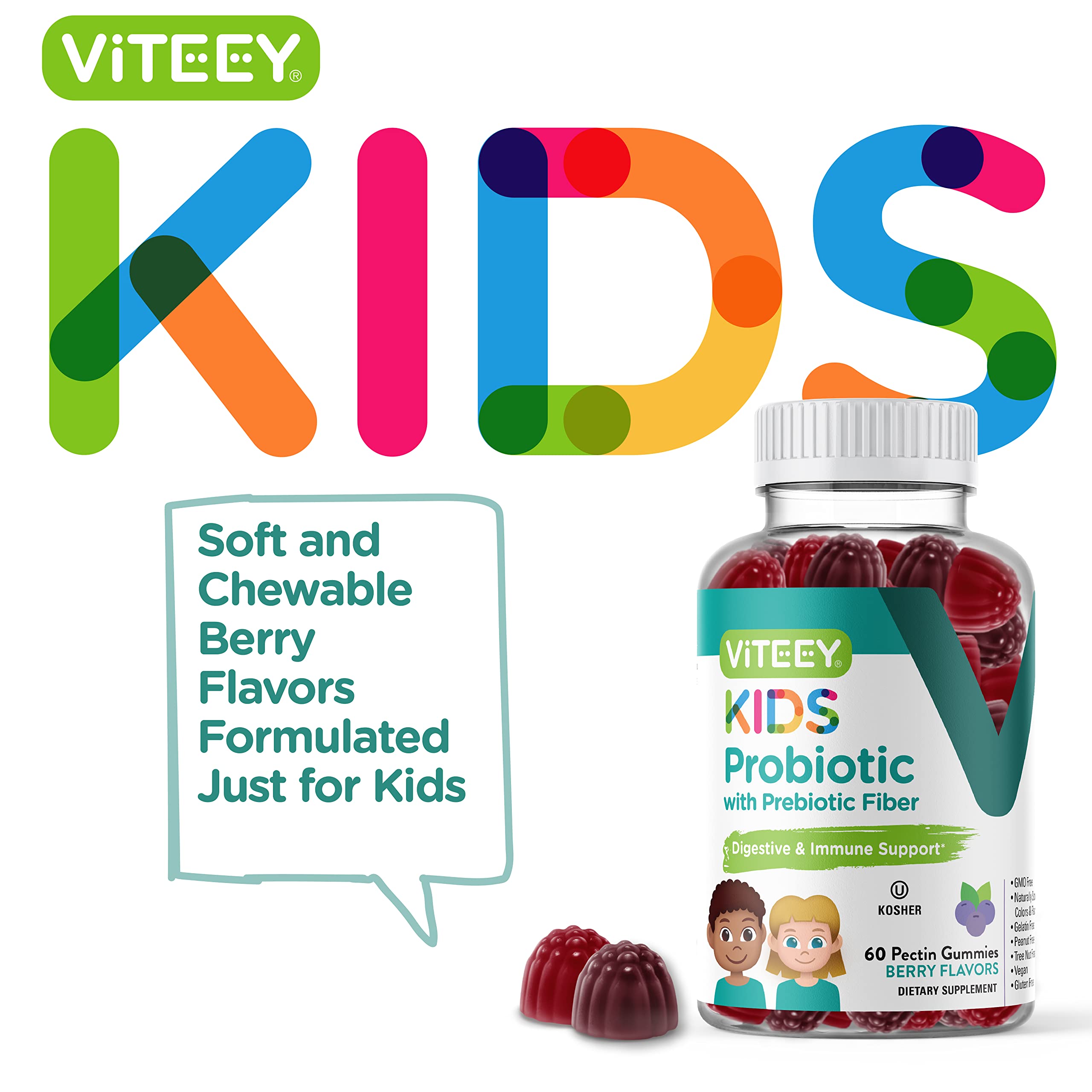 Probiotic Gummies with Prebiotic Fiber for Kids - 2B CFUs