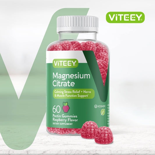 Side view of VITEEY Magnesium Gummies Raspberry bottle