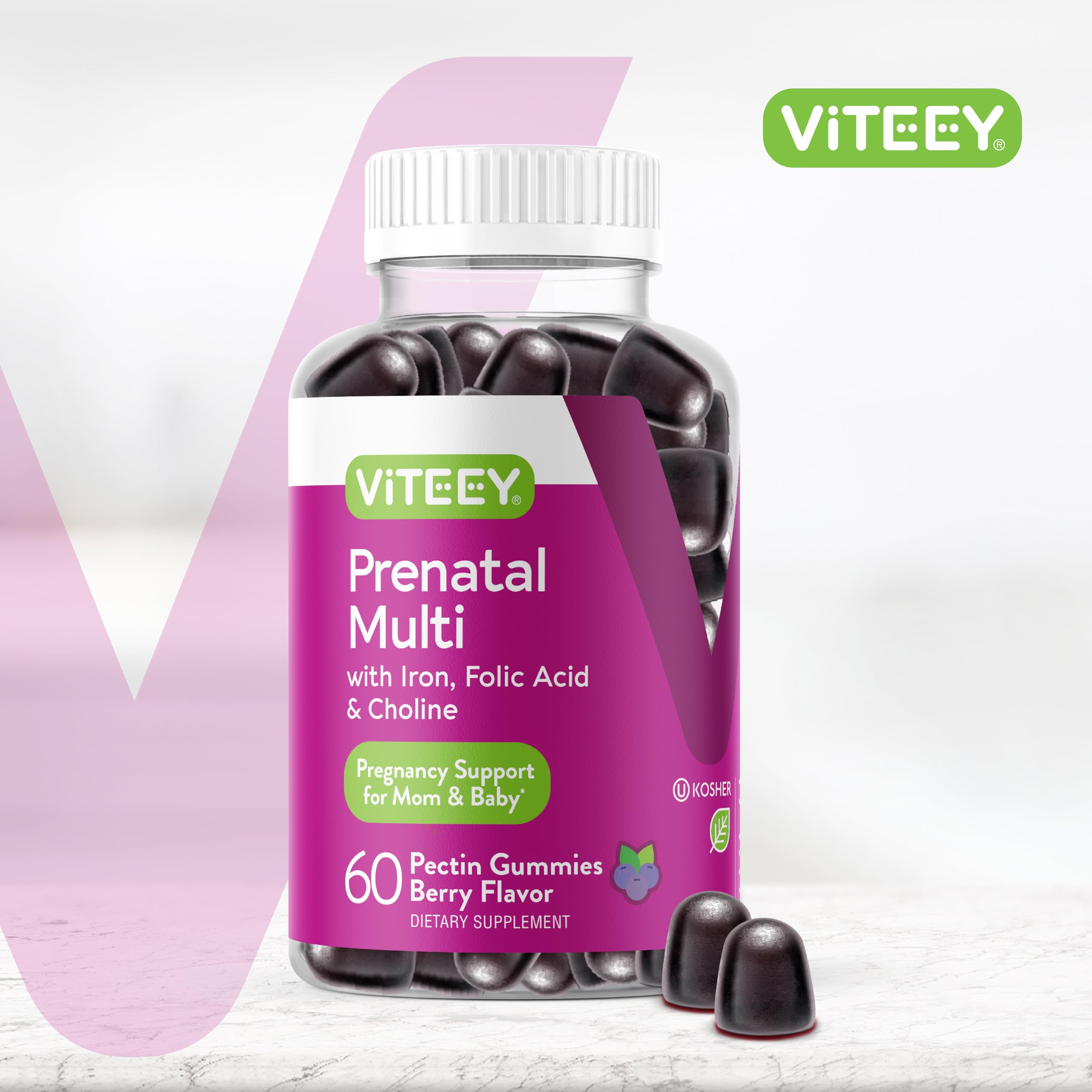 Close-up of berry-flavored prenatal gummy