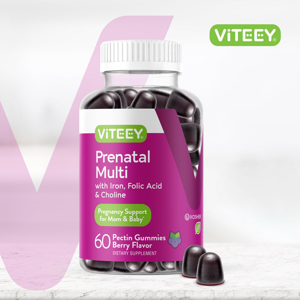 Close-up of berry-flavored prenatal gummy