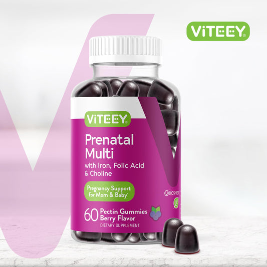 Close-up of berry-flavored prenatal gummy