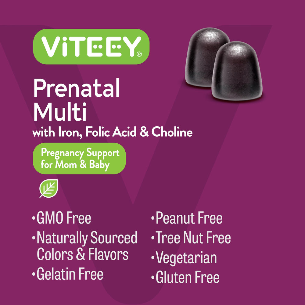 Gluten-free, vegetarian, gelatin-free prenatal gummies packaging