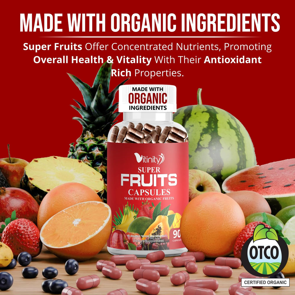 Close-up of fruit and greens supplement capsules