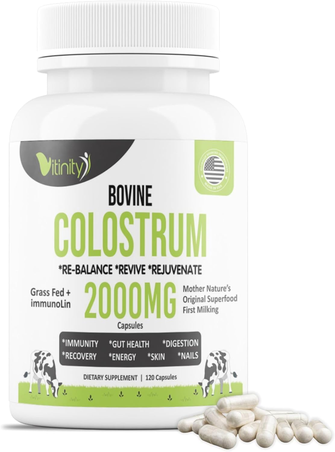 Bottle of VITINITY Grass Fed Bovine Colostrum Capsules on a white background