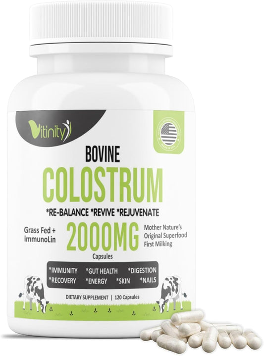 Bottle of VITINITY Grass Fed Bovine Colostrum Capsules on a white background