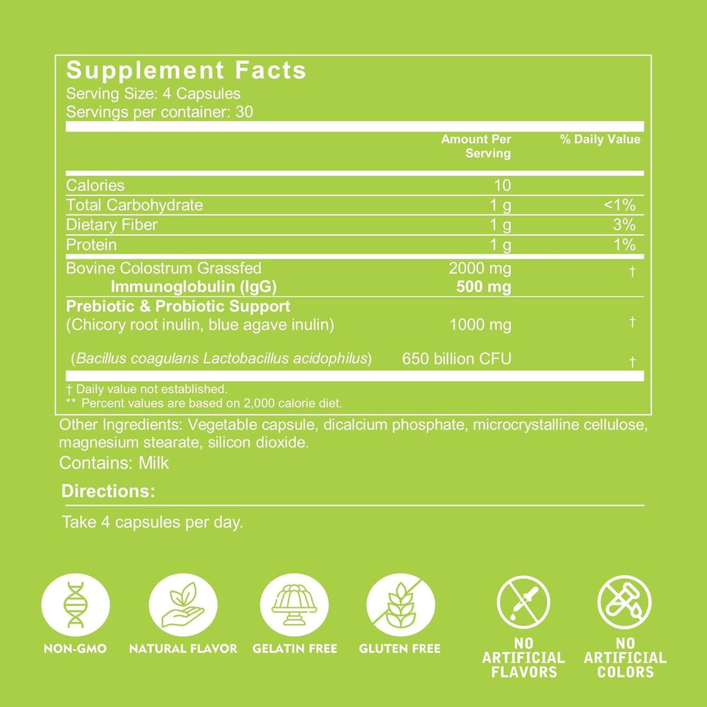 Close-up of unflavored bovine colostrum capsules
