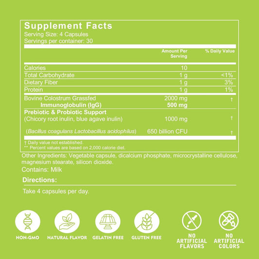 Close-up of unflavored bovine colostrum capsules