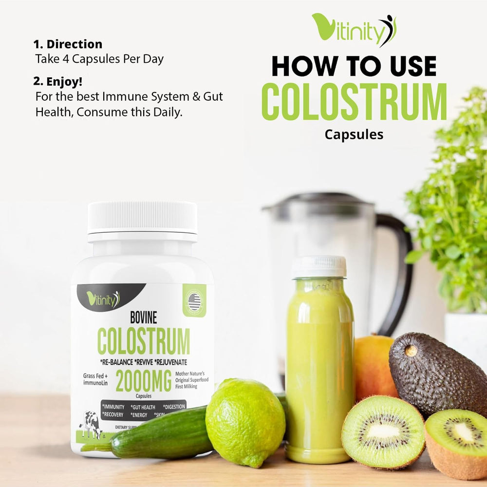 Grass-fed label on bovine colostrum capsules bottle