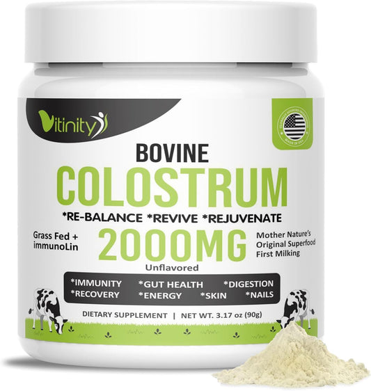 VITINITY Grass-Fed Bovine Colostrum Powder packaging featuring 90g jar