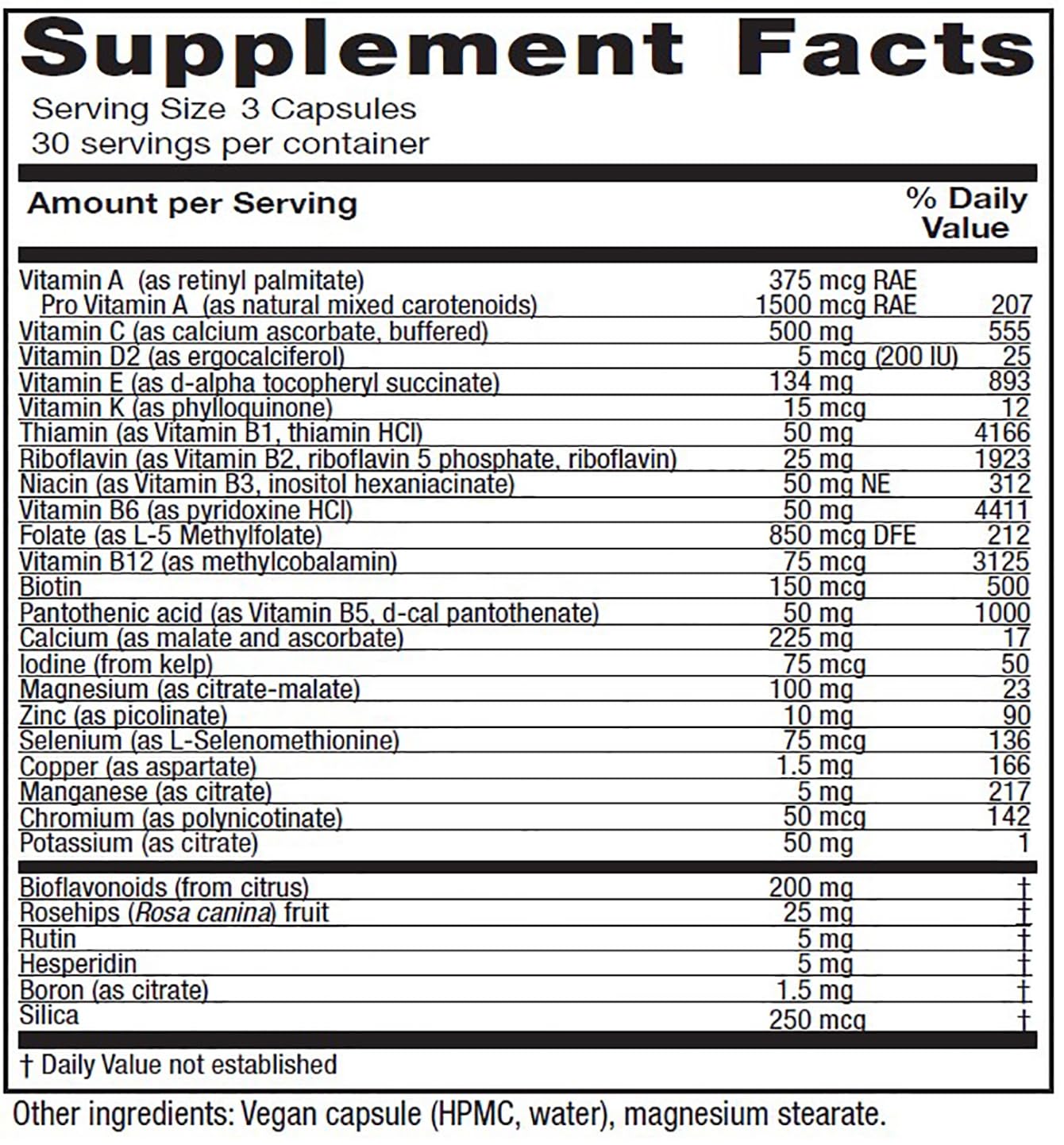 Vitanica Women's Symmetry bottle - back label with supplement facts
