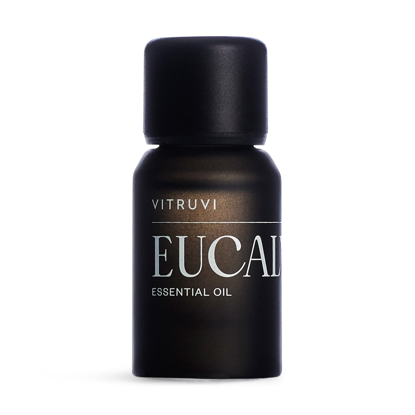 Vitruvi Eucalyptus essential oil bottle in matte black packaging