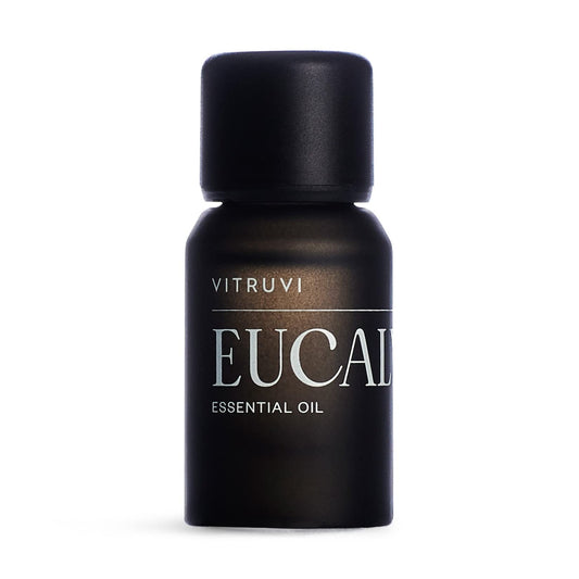 Vitruvi Eucalyptus essential oil bottle in matte black packaging