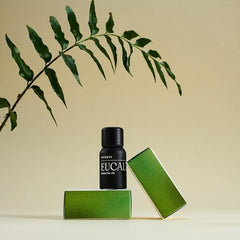 Close-up of 10 ml dropper bottle label for Vitruvi Eucalyptus essential oil