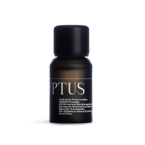 Matte black Vitruvi Eucalyptus essential oil bottle on white background