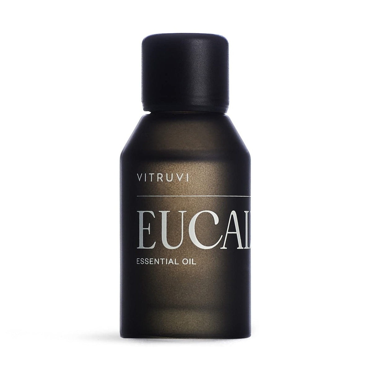 Front view of Vitruvi Eucalyptus essential oil in a matte black bottle