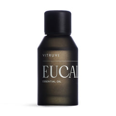Front view of Vitruvi Eucalyptus essential oil in a matte black bottle