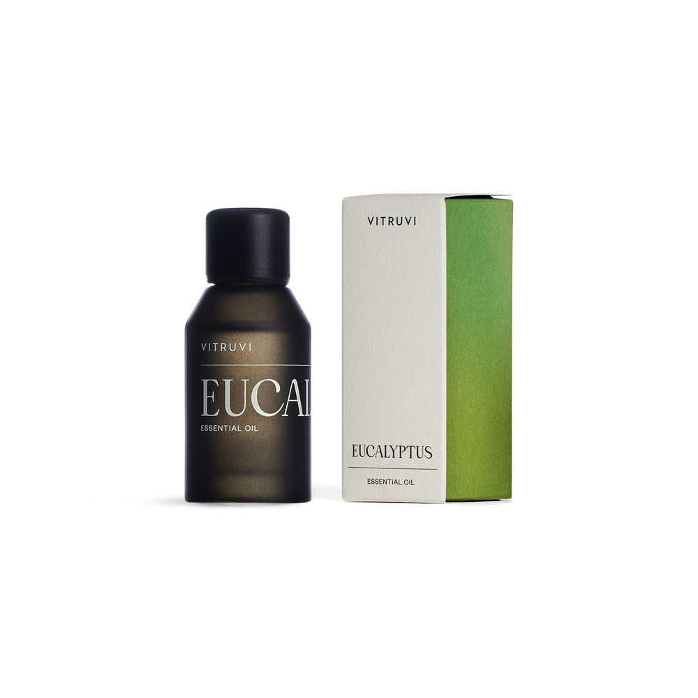 Product packaging for Vitruvi Eucalyptus essential oil in matte black bottle