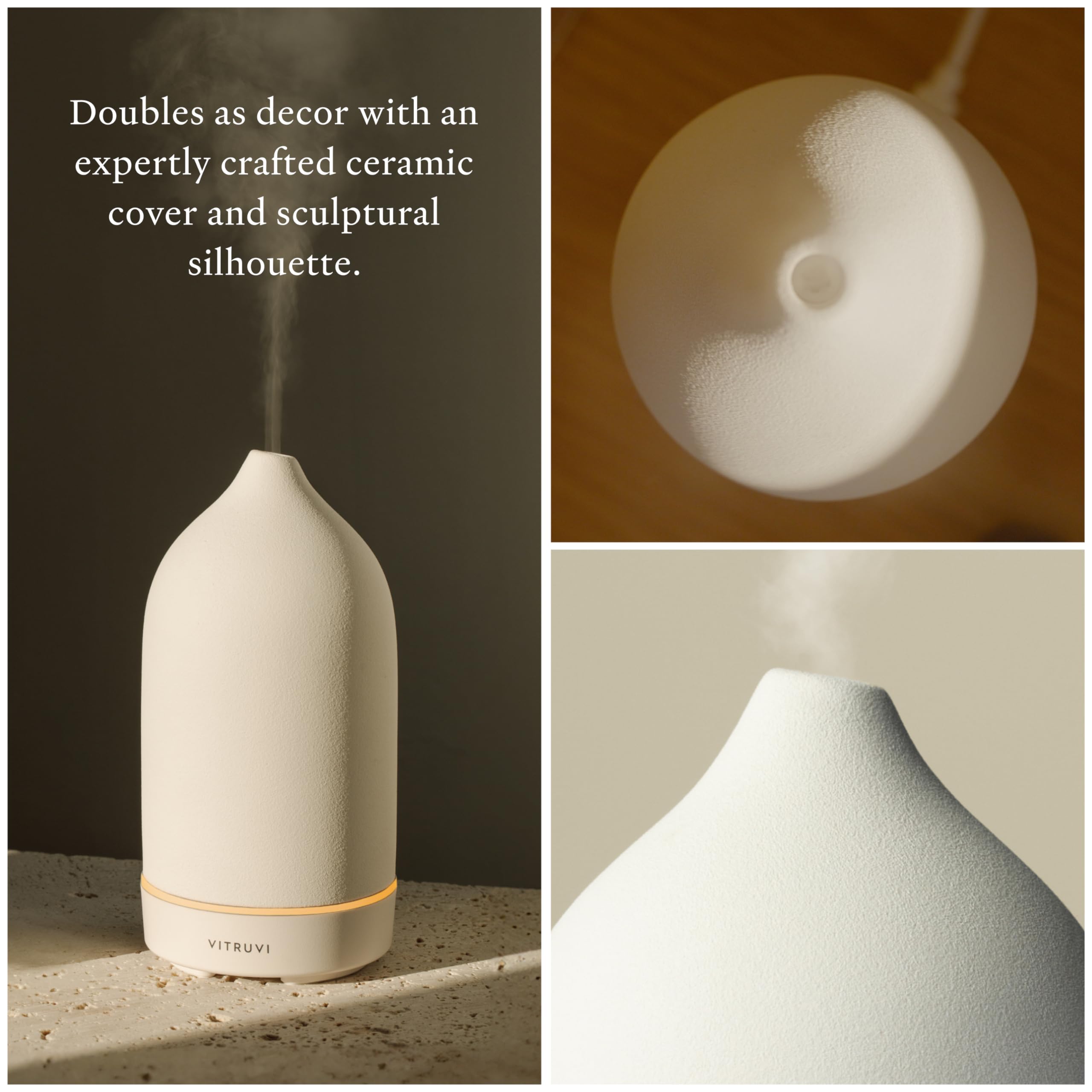 Ultrasonic essential oil diffuser emitting mist in a modern space