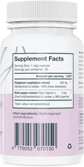 Bottle label detail showing Spermidine 2x10mg and Apigenin 2x50mg
