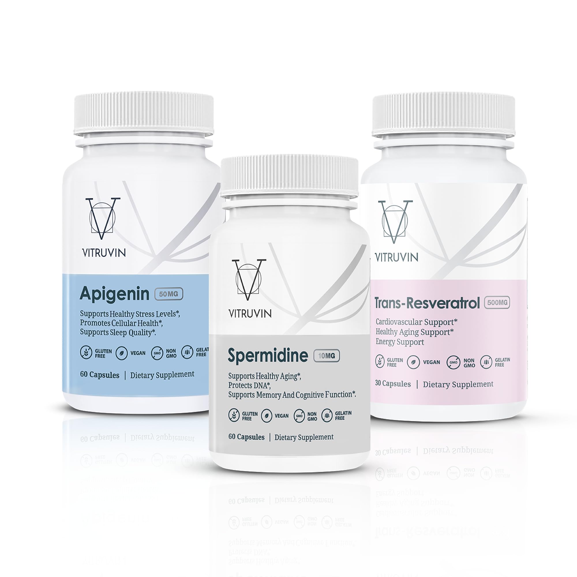 VITRUVIN Longevity Plus packaging with vegan and non-GMO claims