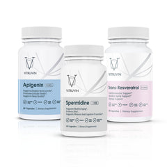 VITRUVIN Longevity Plus packaging with vegan and non-GMO claims