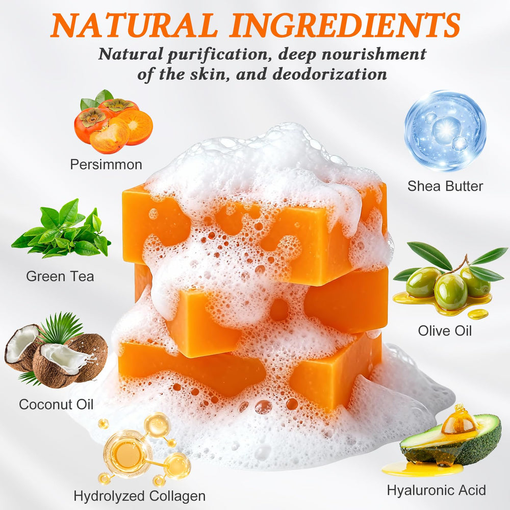 Viugex Persimmon Soap Bar ingredients featuring persimmon and green tea for natural care.