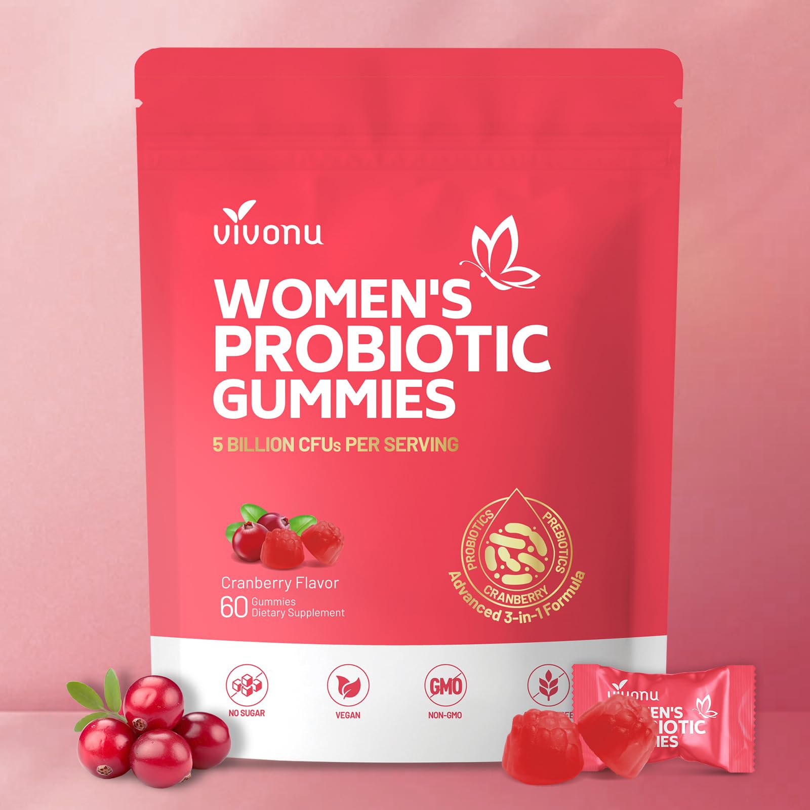 VivoNu Vaginal Probiotics Gummies for Women - Feminine Balance, Cranberry Flavor, 60 Count