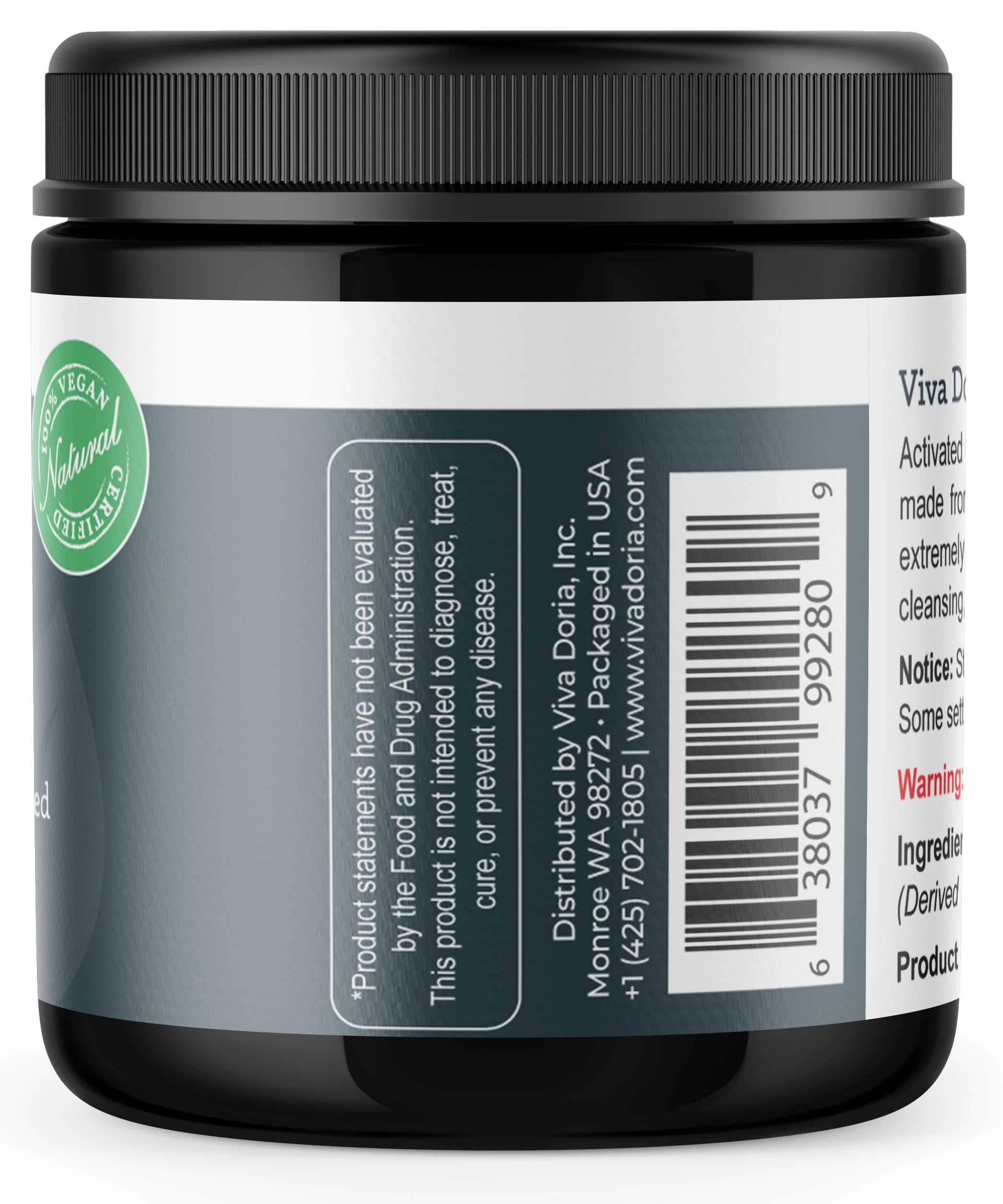 Viva Doria Activated Charcoal Powder in screw-top jar, coconut shell derived, 6 oz