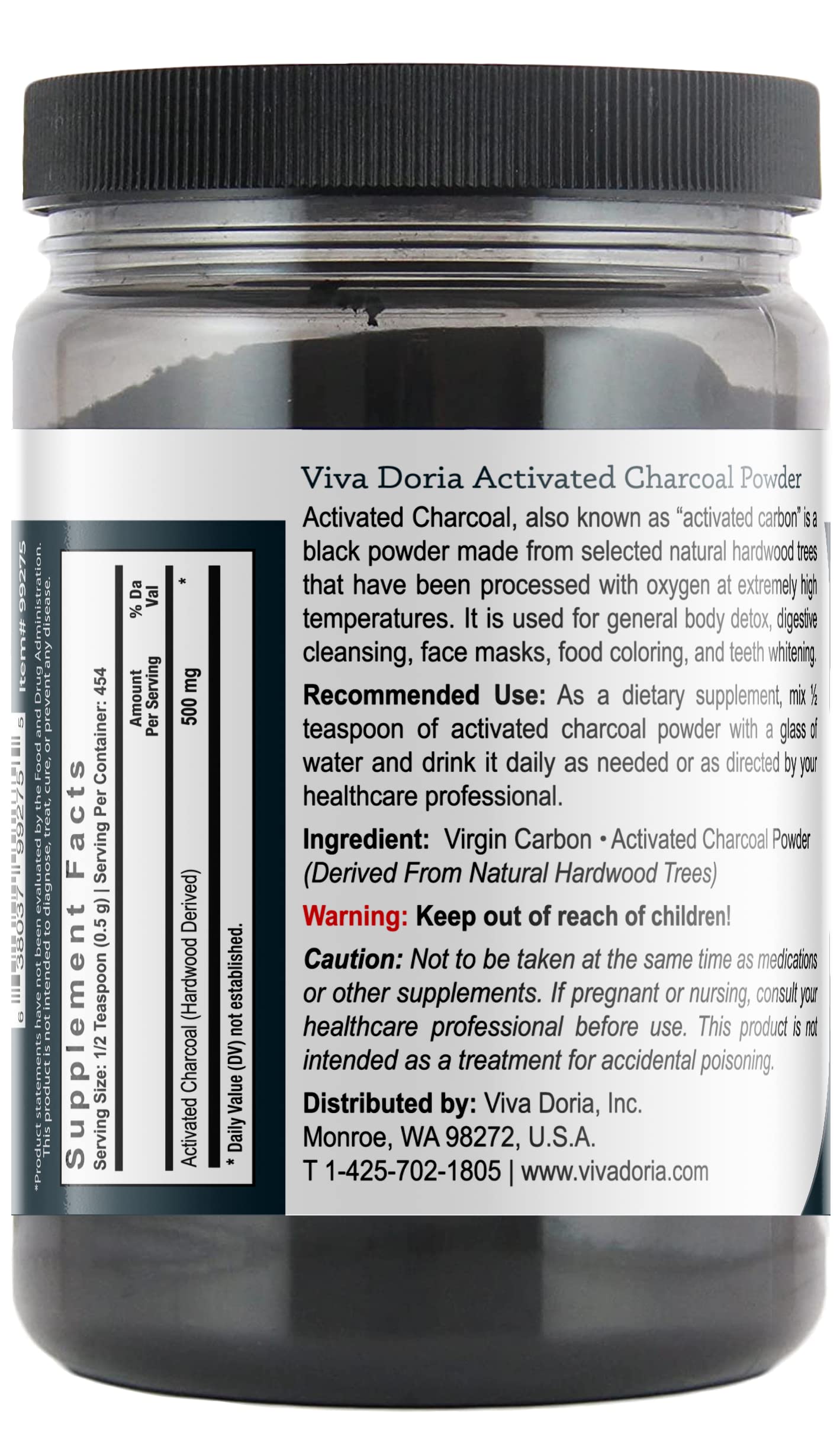 Packaging of Viva Doria virgin activated charcoal powder 8 oz