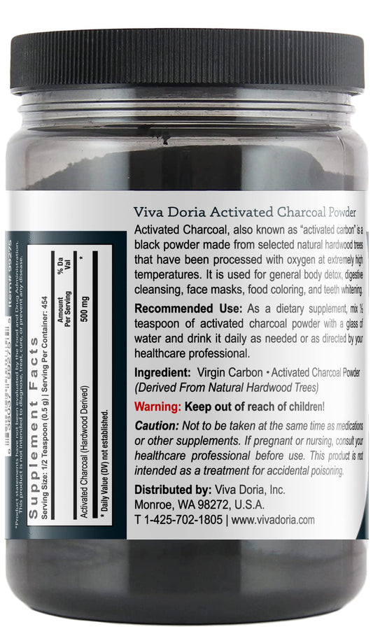 Packaging of Viva Doria virgin activated charcoal powder 8 oz