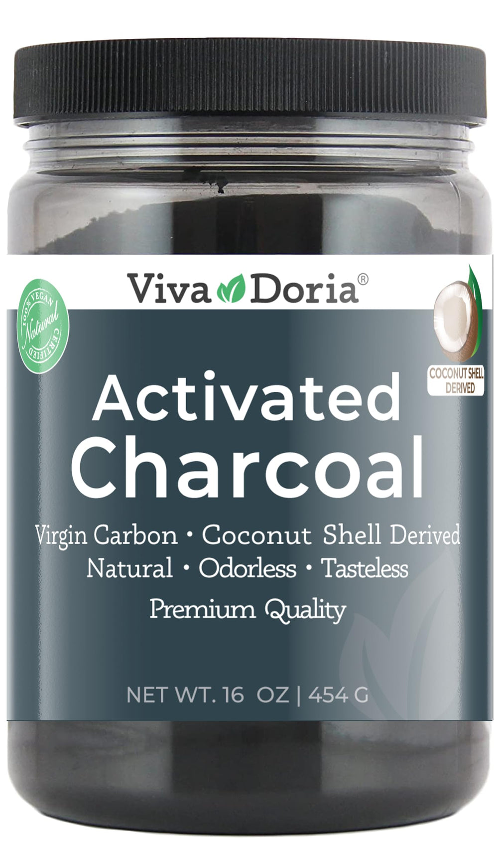 Viva Doria Virgin Activated Charcoal Powder coconut shell derived 16 oz jar
