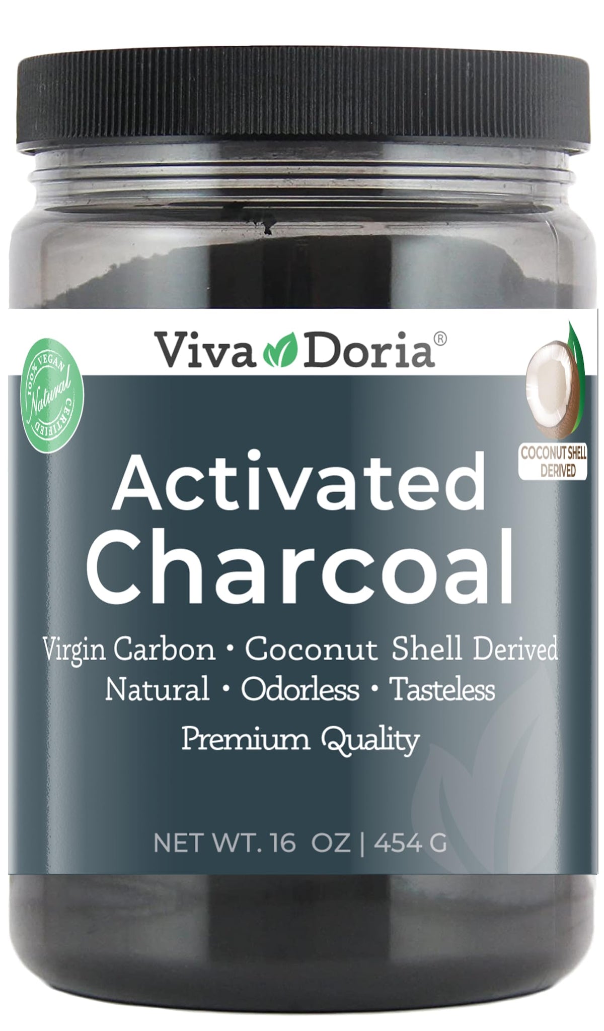 Viva Doria Virgin Activated Charcoal Powder coconut shell derived 16 oz jar