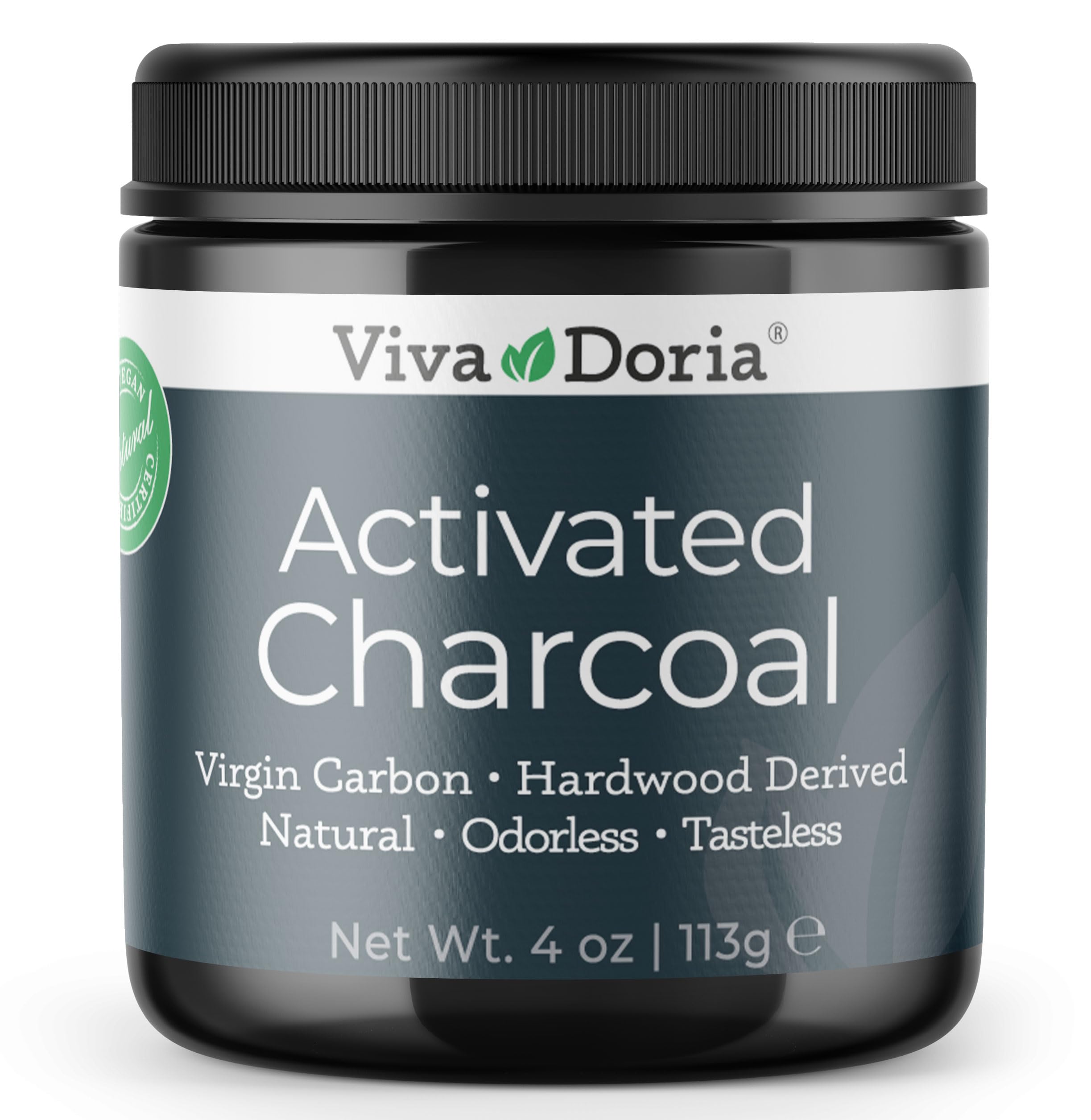 Viva Doria Activated Charcoal Powder - 4 oz front view, hardwood derived