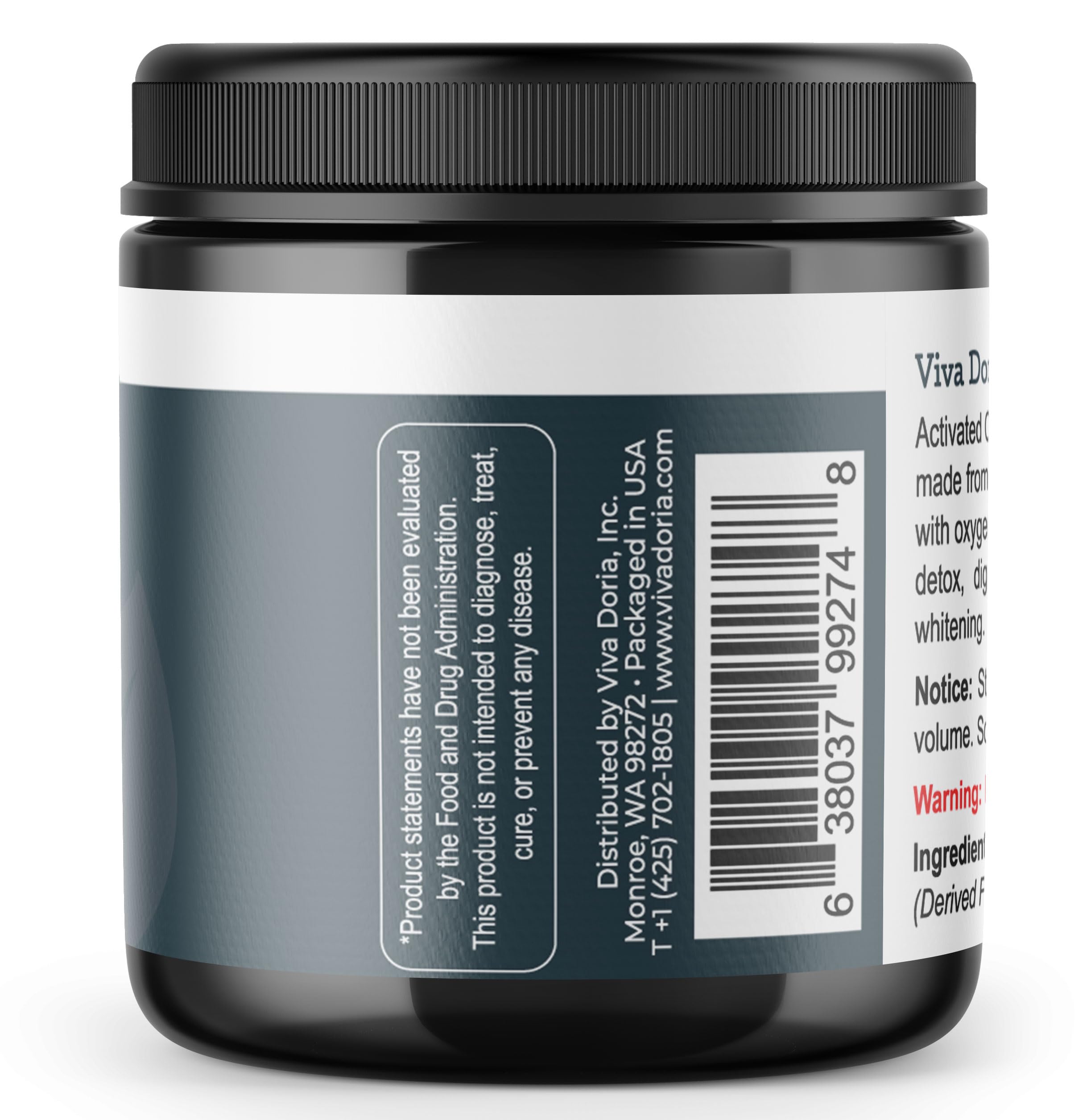 Viva Doria Activated Charcoal Powder packaging and jar - 4 oz