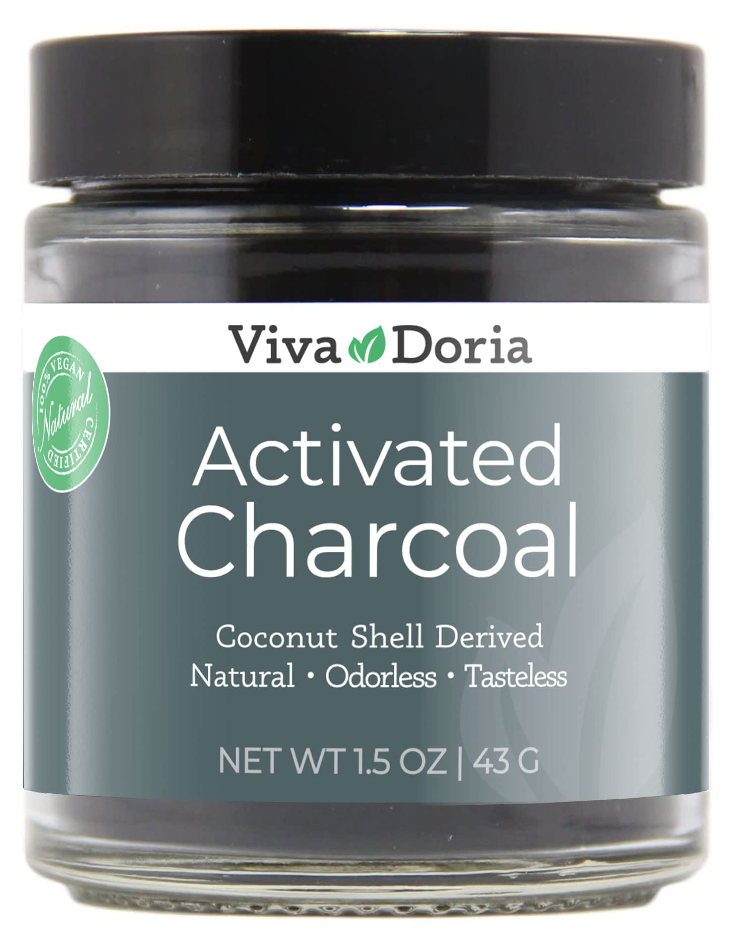 Viva Doria Virgin Activated Charcoal Powder in a 1.5 oz glass jar, coconut shell derived, food grade