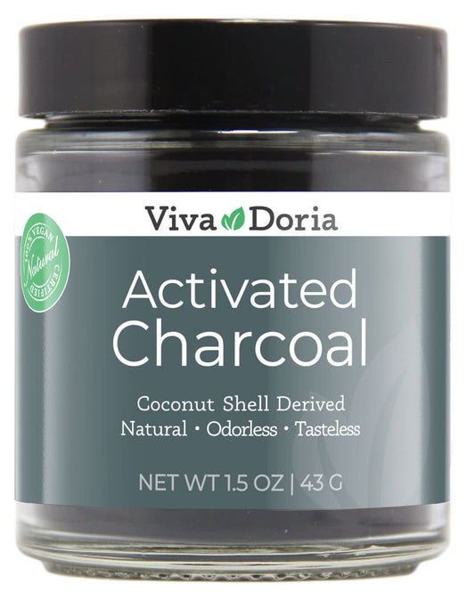 Viva Doria Virgin Activated Charcoal Powder in a 1.5 oz glass jar, coconut shell derived, food grade