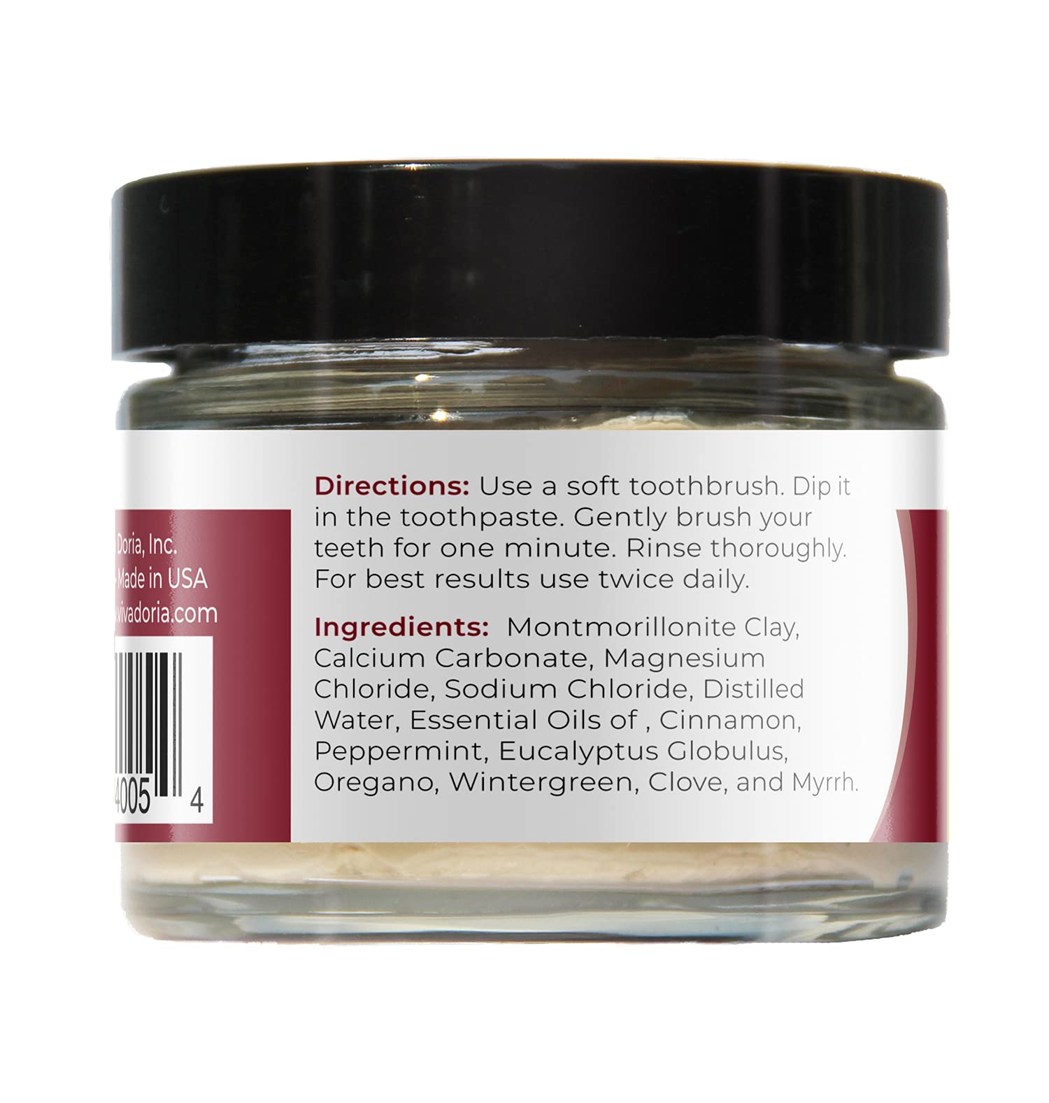 Close-up of Viva Doria toothpaste ingredients: peppermint oil, eucalyptus globulus, wintergreen, oregano, clove and minerals