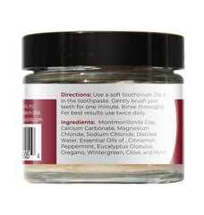 Close-up of Viva Doria toothpaste ingredients: peppermint oil, eucalyptus globulus, wintergreen, oregano, clove and minerals