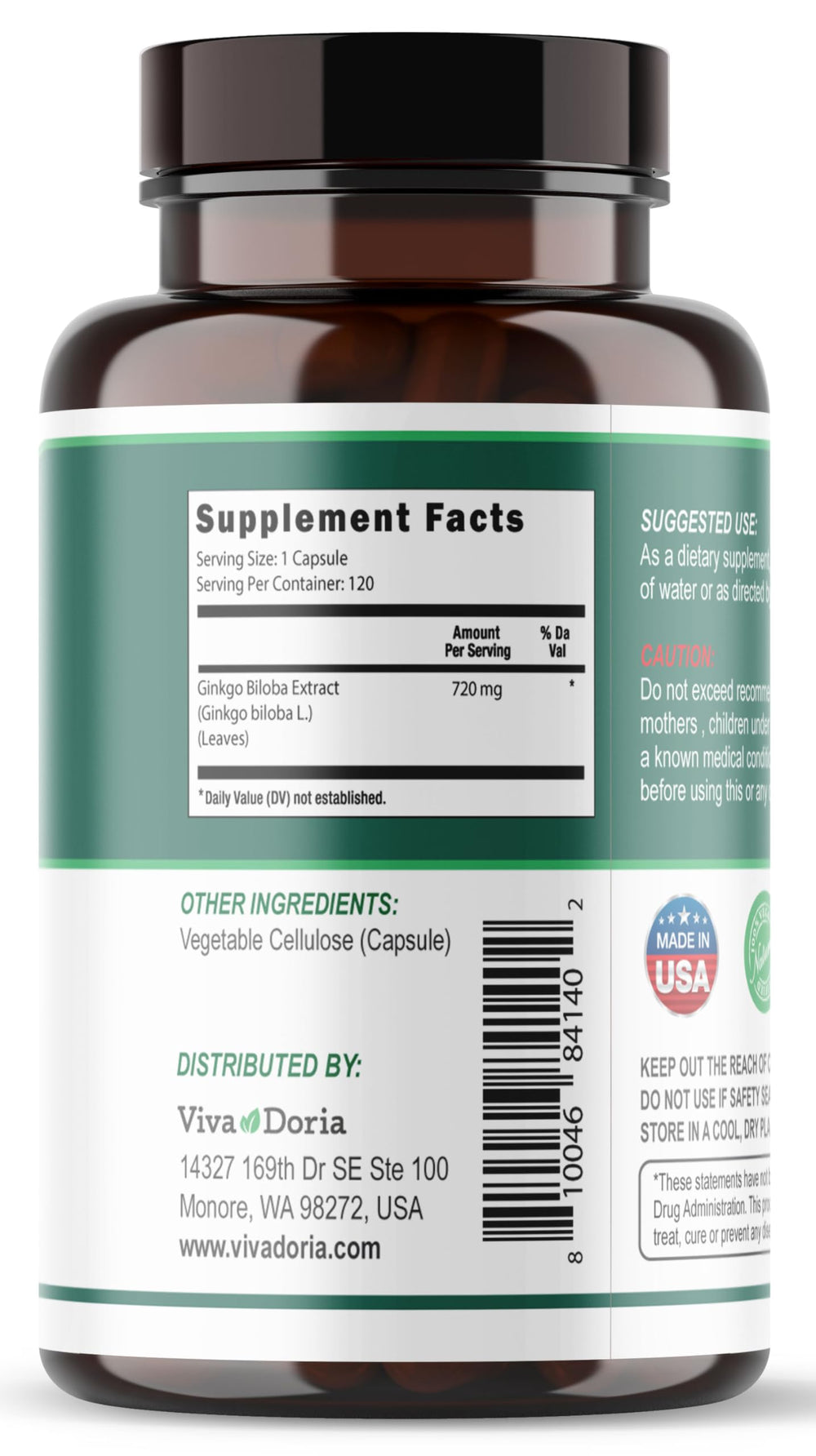Plant-based vegetarian capsules of Viva Doria Ginkgo Biloba