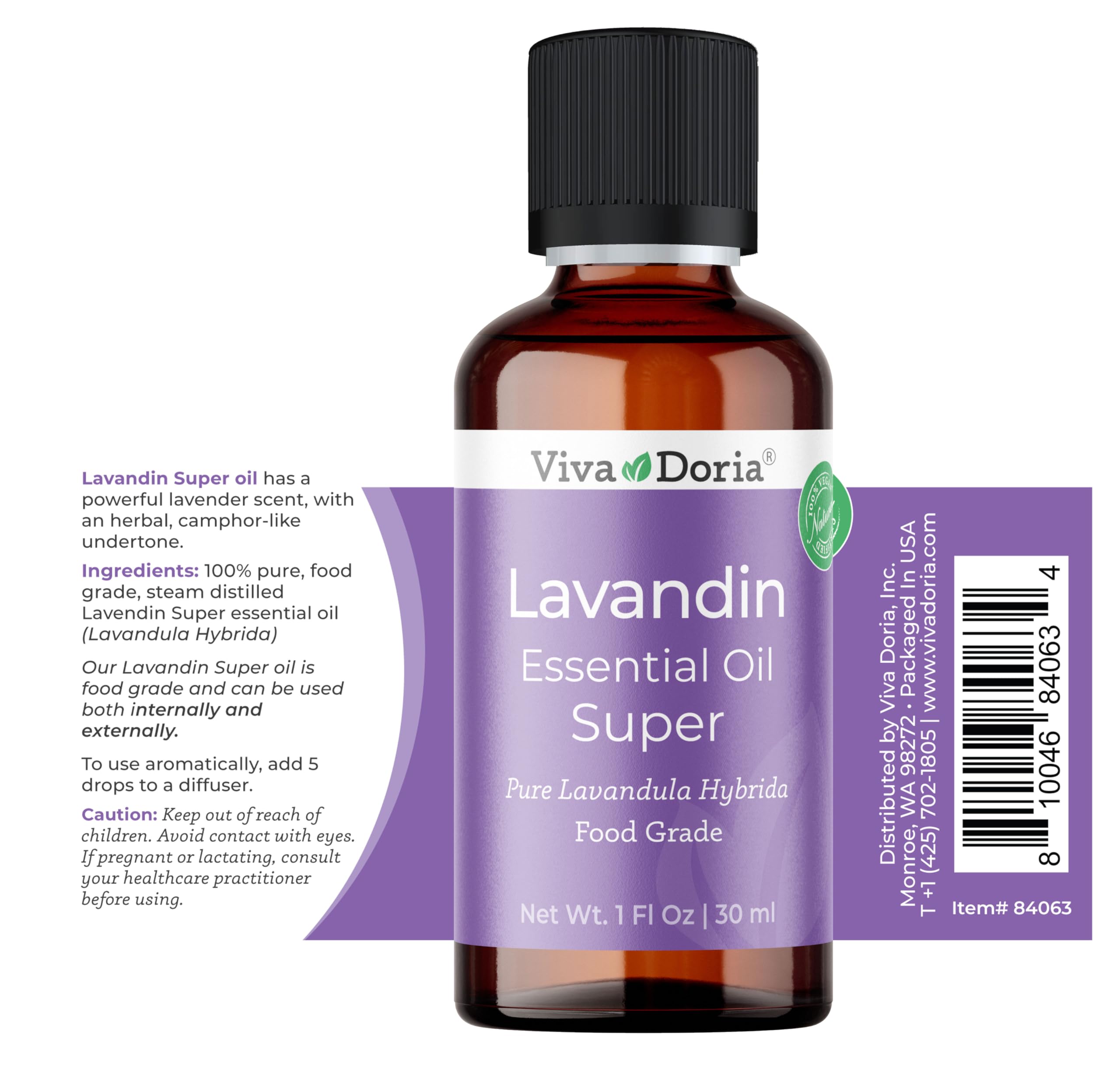 Amber glass bottle of Lavandin Essential Oil with screw-cap