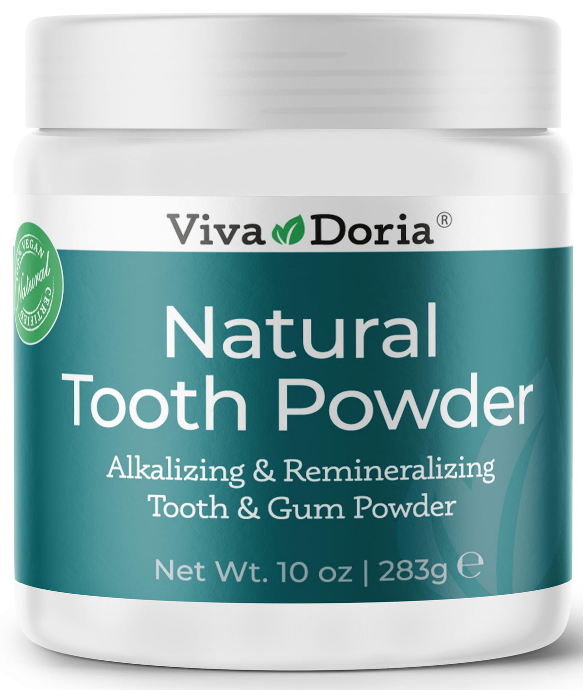 Viva Doria Natural Tooth Powder mint flavor in a 10 oz jar