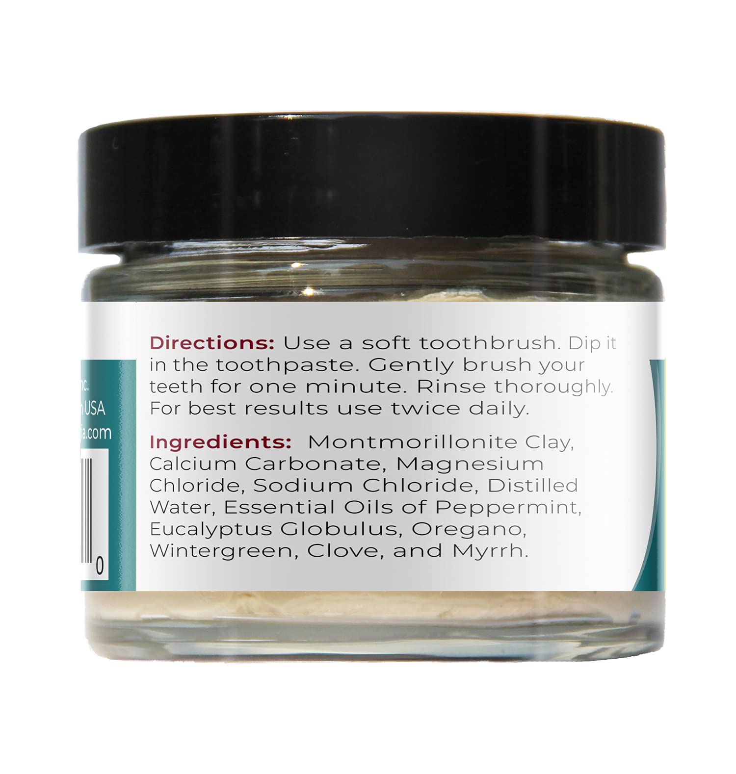 Close-up view of Viva Doria Peppermint Toothpaste in a 3 oz glass jar