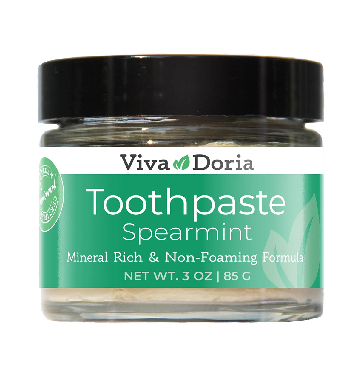 Viva Doria Fluoride Free Natural Mineralizing Toothpaste Spearmint in a 3 oz glass jar
