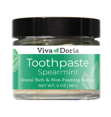 Viva Doria Fluoride Free Natural Mineralizing Toothpaste Spearmint in a 3 oz glass jar