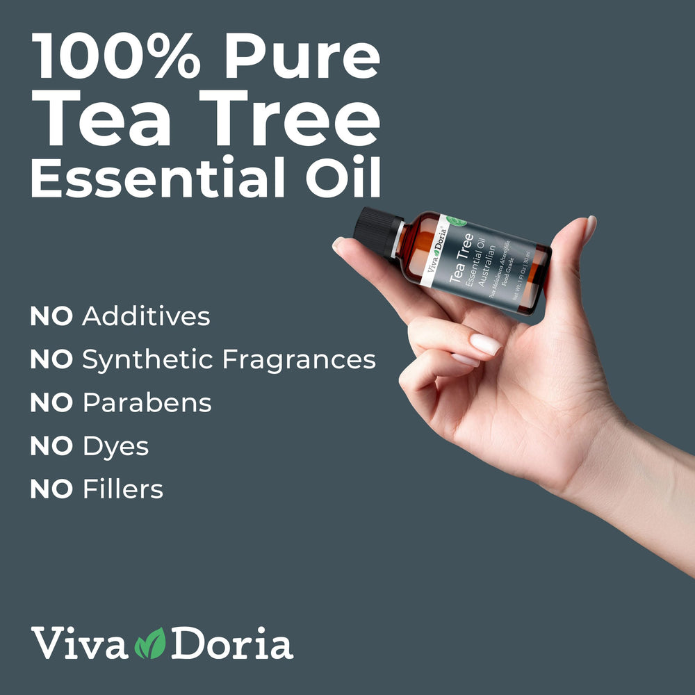 Clear tea tree oil liquid in bottle against white background