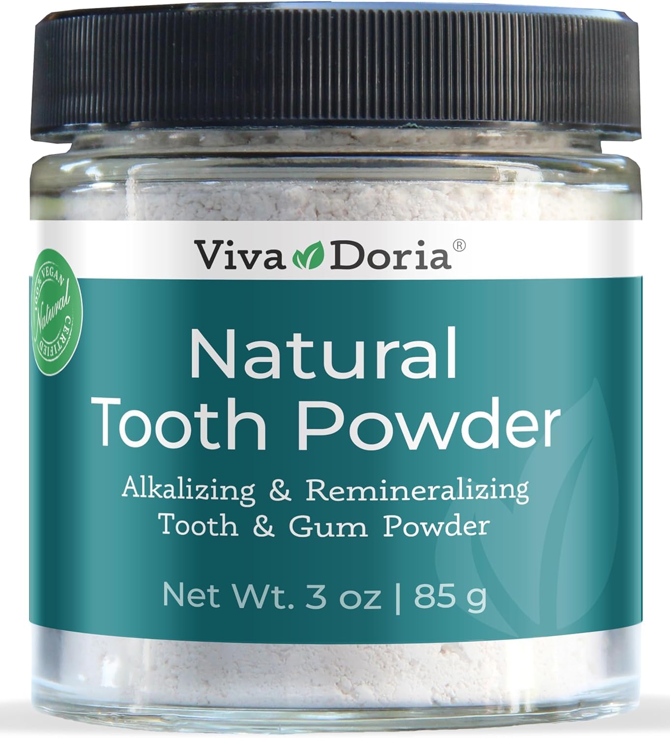 Viva Doria Natural Tooth Powder bottle with mint label