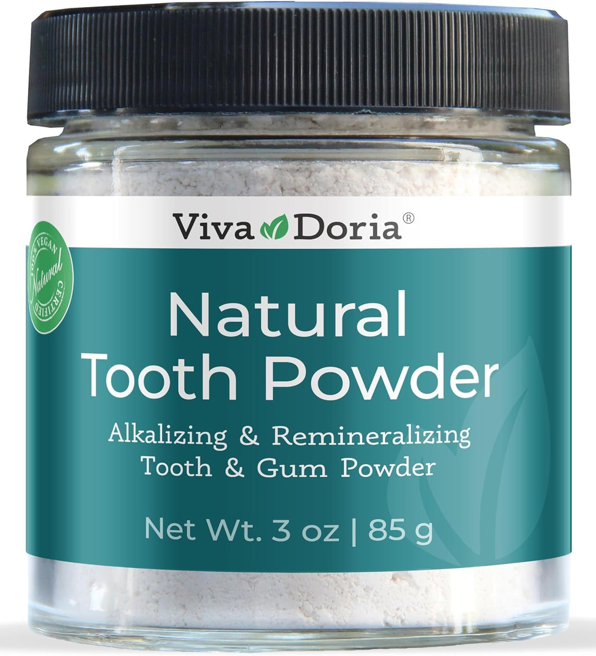 Viva Doria Natural Tooth Powder bottle with mint label