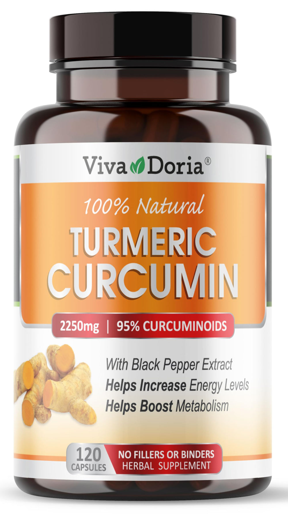 Viva Doria Turmeric Curcumin with Black Pepper Extract bottle and 120 veggie capsules