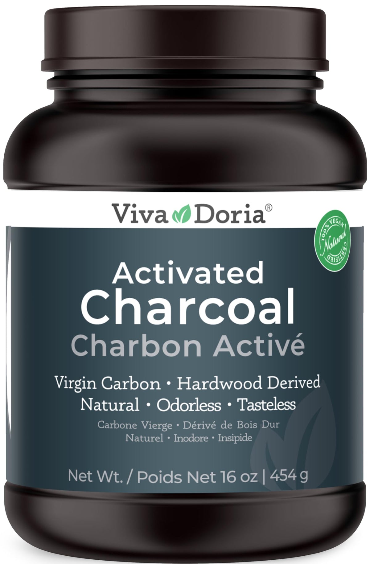 Viva Doria Virgin Activated Charcoal Powder 16 oz jar with hardwood-derived charcoal