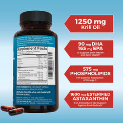Product label highlighting 1250 mg krill oil and ingredient details